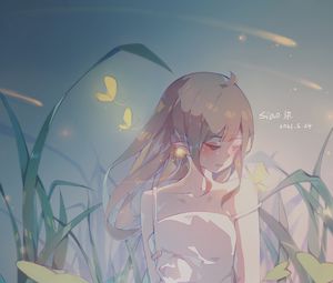 Preview wallpaper girl, elf, well, grass, anime, art