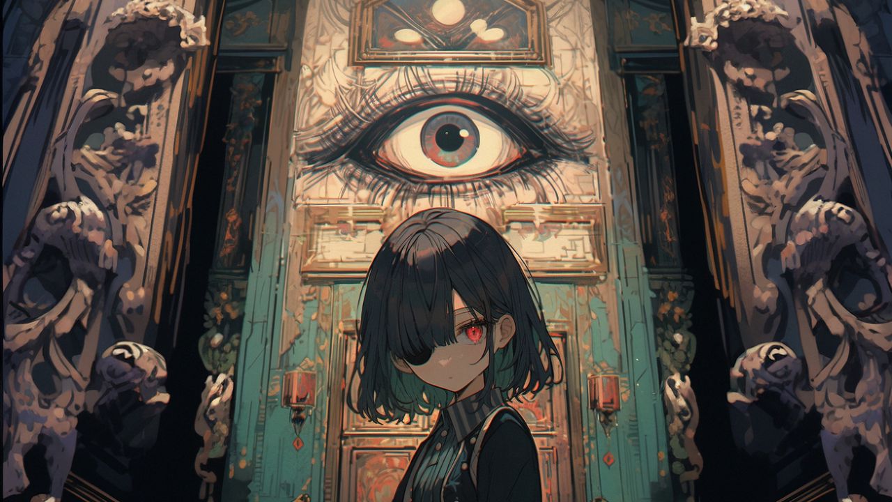Wallpaper girl, eye-patch, eye, door, anime