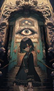 Preview wallpaper girl, eye-patch, eye, door, anime