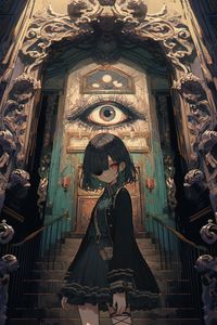 Preview wallpaper girl, eye-patch, eye, door, anime