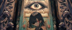 Preview wallpaper girl, eye-patch, eye, door, anime