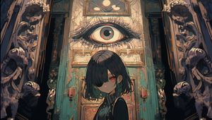 Preview wallpaper girl, eye-patch, eye, door, anime