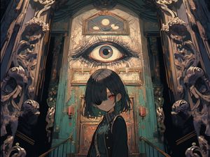 Preview wallpaper girl, eye-patch, eye, door, anime