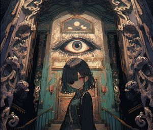 Preview wallpaper girl, eye-patch, eye, door, anime