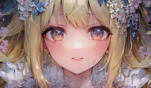 Preview wallpaper girl, eyes, blush, flowers, choker, jewelry, art