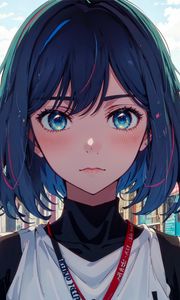 Preview wallpaper girl, eyes, blush, street, buildings, anime