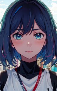 Preview wallpaper girl, eyes, blush, street, buildings, anime