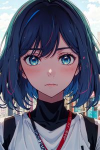 Preview wallpaper girl, eyes, blush, street, buildings, anime