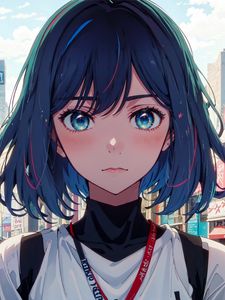 Preview wallpaper girl, eyes, blush, street, buildings, anime