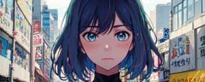 Preview wallpaper girl, eyes, blush, street, buildings, anime