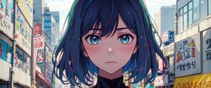Preview wallpaper girl, eyes, blush, street, buildings, anime