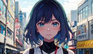 Preview wallpaper girl, eyes, blush, street, buildings, anime