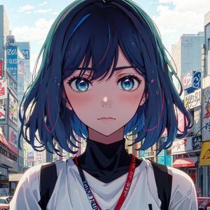 Preview wallpaper girl, eyes, blush, street, buildings, anime