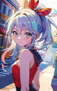 Preview wallpaper girl, eyes, bow, street, anime, art