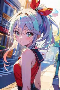 Preview wallpaper girl, eyes, bow, street, anime, art