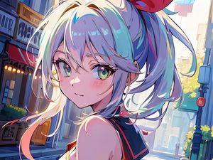 Preview wallpaper girl, eyes, bow, street, anime, art