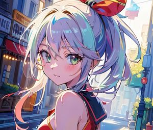 Preview wallpaper girl, eyes, bow, street, anime, art