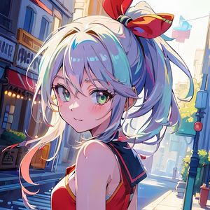 Preview wallpaper girl, eyes, bow, street, anime, art