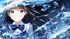 Preview wallpaper girl, eyes, butterfly, water, blue, anime