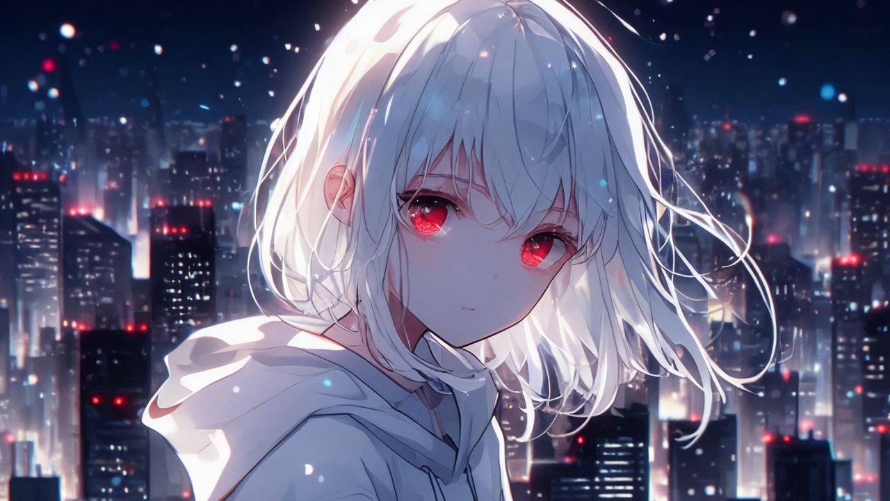 Wallpaper girl, eyes, city, lights, white, anime