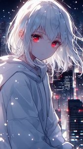 Preview wallpaper girl, eyes, city, lights, white, anime