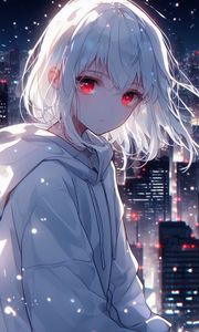 Preview wallpaper girl, eyes, city, lights, white, anime