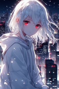 Preview wallpaper girl, eyes, city, lights, white, anime