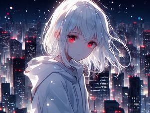 Preview wallpaper girl, eyes, city, lights, white, anime