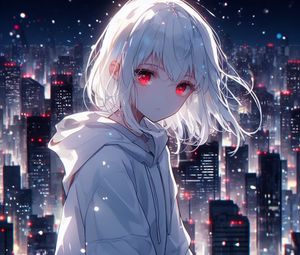 Preview wallpaper girl, eyes, city, lights, white, anime