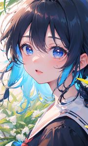 Preview wallpaper girl, eyes, flowers, anime, blue