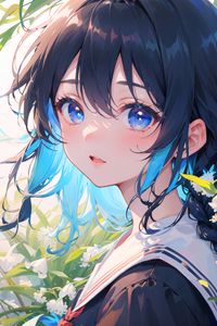 Preview wallpaper girl, eyes, flowers, anime, blue