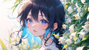 Preview wallpaper girl, eyes, flowers, anime, blue