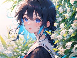 Preview wallpaper girl, eyes, flowers, anime, blue