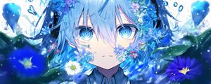 Preview wallpaper girl, eyes, flowers, blue, anime