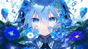 Preview wallpaper girl, eyes, flowers, blue, anime