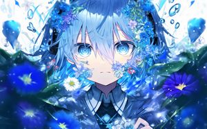 Preview wallpaper girl, eyes, flowers, blue, anime