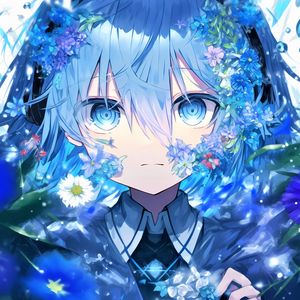 Preview wallpaper girl, eyes, flowers, blue, anime