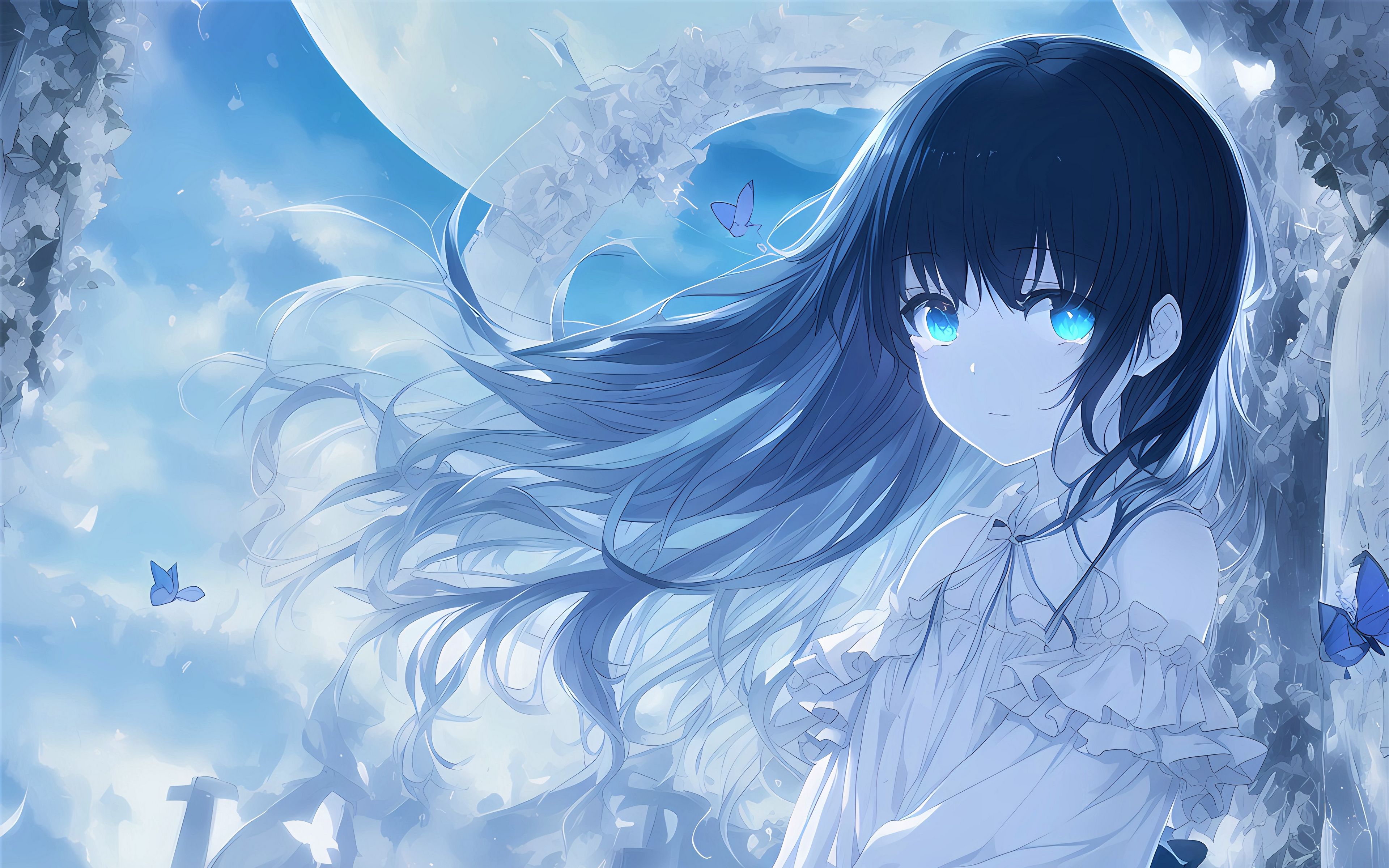 Download Wallpaper 3840x2400 Girl, Eyes, Hair, Dress, Anime, Blue 4k ...