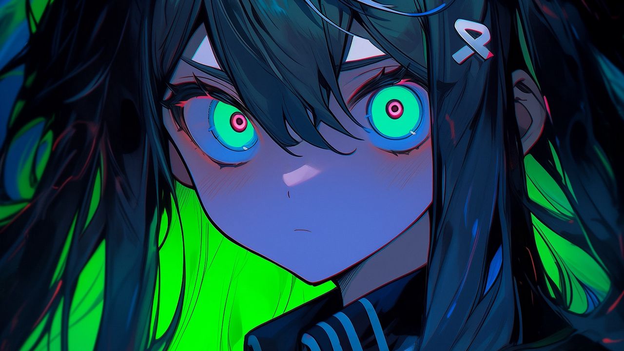 Wallpaper girl, eyes, hairpins, dark, bright, anime