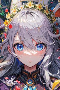 Preview wallpaper girl, eyes, jewelry, wreath, anime