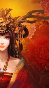 Preview wallpaper girl, eyes, kimono, ornaments, hairdress, curtains
