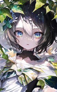 Preview wallpaper girl, eyes, leaves, dress, bow, anime