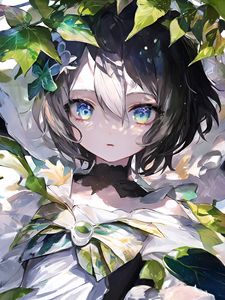 Preview wallpaper girl, eyes, leaves, dress, bow, anime