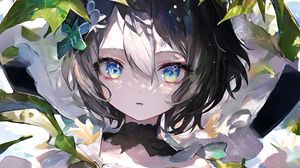 Preview wallpaper girl, eyes, leaves, dress, bow, anime