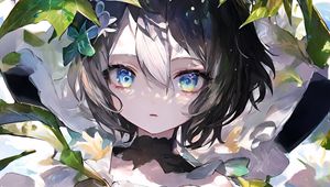 Preview wallpaper girl, eyes, leaves, dress, bow, anime