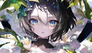 Preview wallpaper girl, eyes, leaves, dress, bow, anime