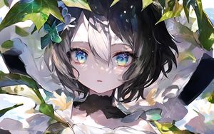 Preview wallpaper girl, eyes, leaves, dress, bow, anime