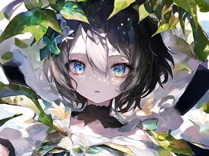 Preview wallpaper girl, eyes, leaves, dress, bow, anime