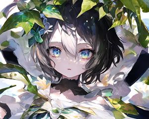 Preview wallpaper girl, eyes, leaves, dress, bow, anime