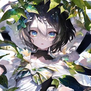 Preview wallpaper girl, eyes, leaves, dress, bow, anime